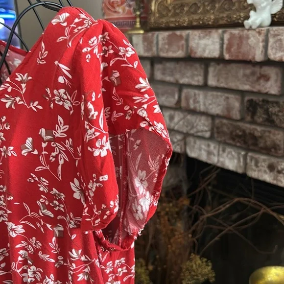 Red Indigo Rose Dress With White Floral Pattern V-Neck Sz L - Picture 4 of 6